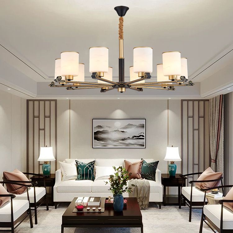 Contemporary Indoor Hanging Light Metal Cylindrical Chandelier with Glass Shade