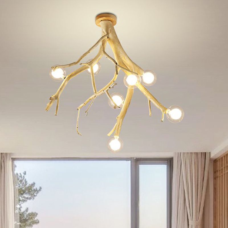 Wood Tree Branch Ceiling Light Japanese Style 8-Bulb Metal Semi Flush Mount Light for Dining Room