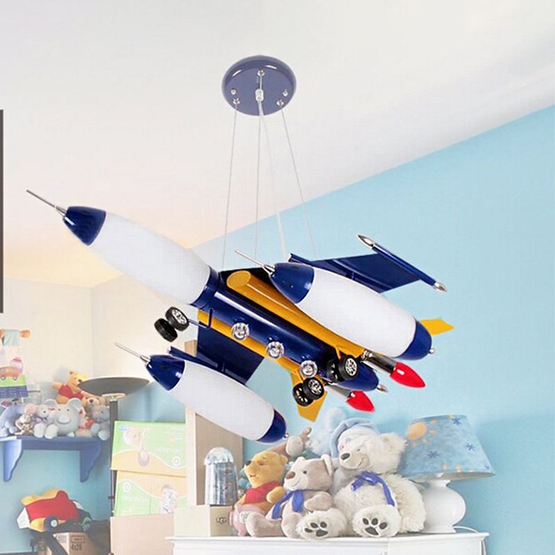 Airplane Suspension Pendant Light Kids White Glass Bedroom LED Chandelier in Red/Blue/Dark Blue