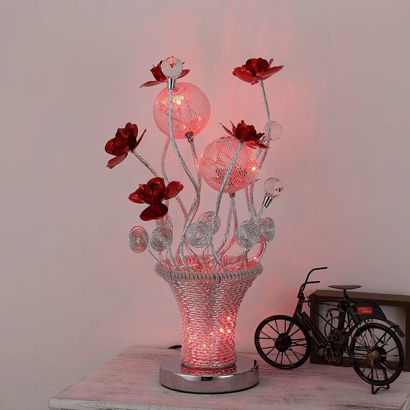 Basket-like aluminium Desk Art Art Decor LED Vine Vine Vine Night Table Lampe avec fleur et décoration orbe en or / argent