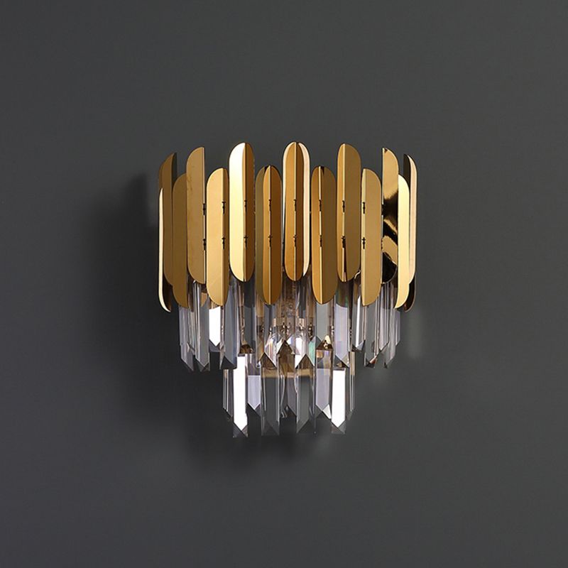 Brass Tiered Flush Wall Sconce Postmodern 3 Lights Crystal Wall Lighting for Bedroom