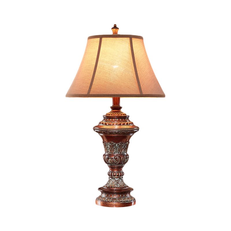 Vintage Style Bell Shade Nightstand Lamp 1 Bulb Fabric Desk Light in Red Brown with Urn-Shaped Base, 25"/29.5" H