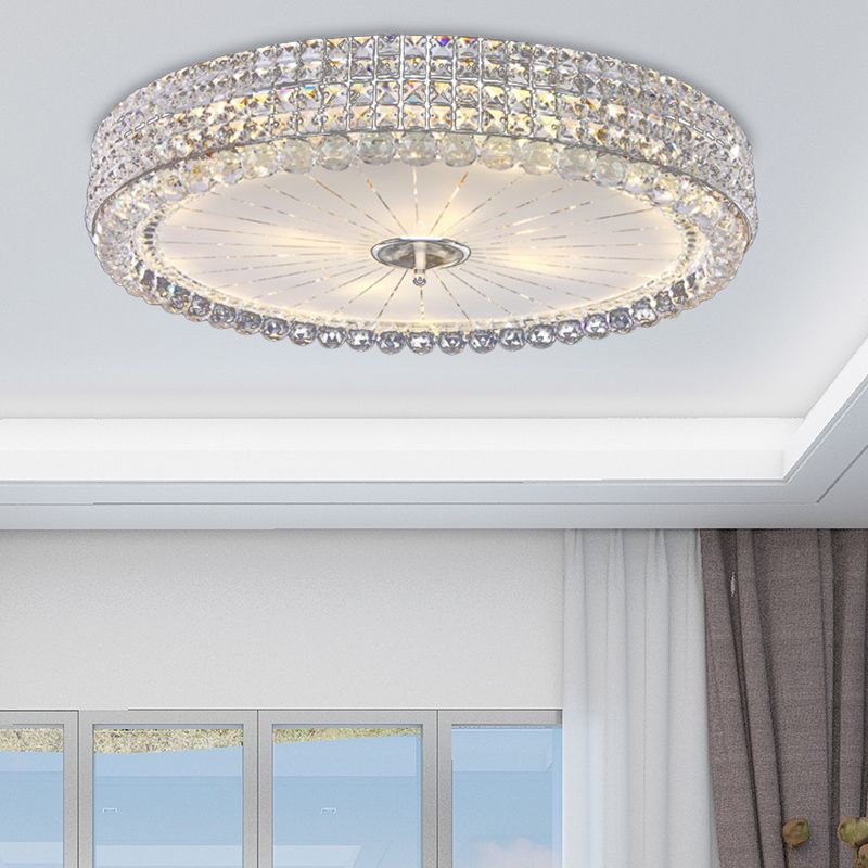 16"/19.5" W Drum Flush Mount Lamp Contemporary Clear Crystal Multi-Head Flush Mount Ceiling Light in Chrome
