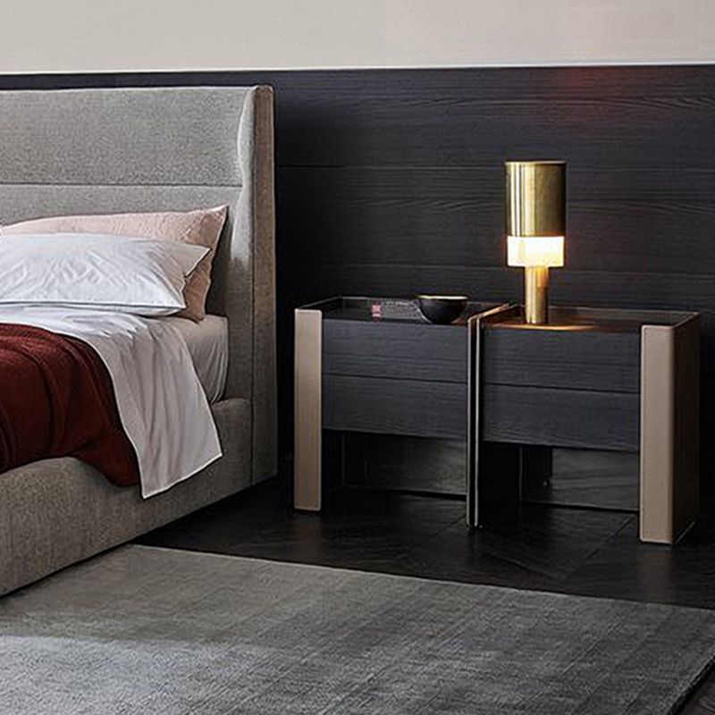Modern Drawer Storage Night Table Solid Wood and Leather Bed Nightstand