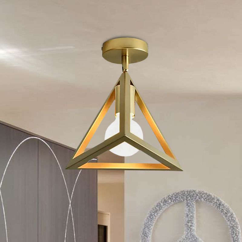 Lámpara de techo industrial para dormitorio, 1 cabezal, con marco de alambre, metálica, semiempotrada, global/triangular, en latón