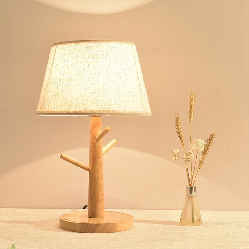 Wood Tree Branch Nightstand Lamp Minimalist 1��Head Bedside Table Lighting with Tapered Fabric Shade in White