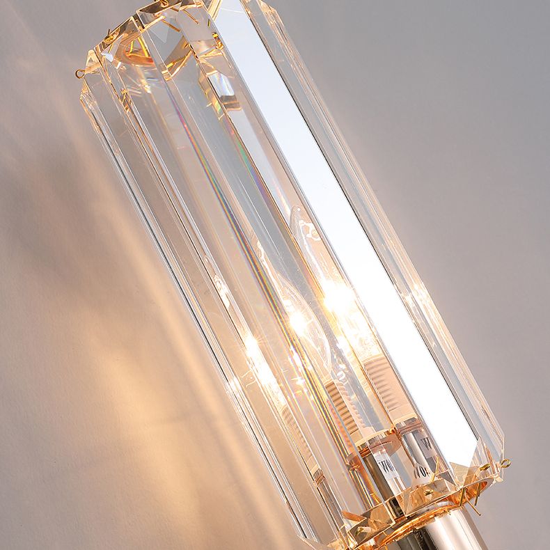 Gold Cylindrical Wall Lamp in Modern Luxury Style Wrought Iron 2-Light Wall Sconce with Crystal Shade
