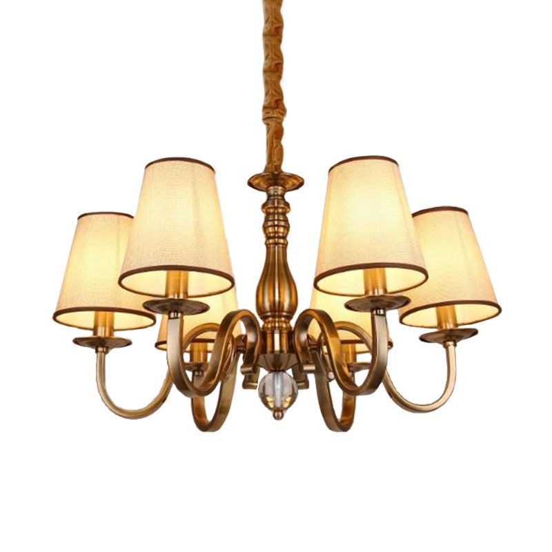 Vintage Cone Suspension Light 6/8 Bulbs Fabric Hanging Chandelier with Curving Arm in Brass for Living Room