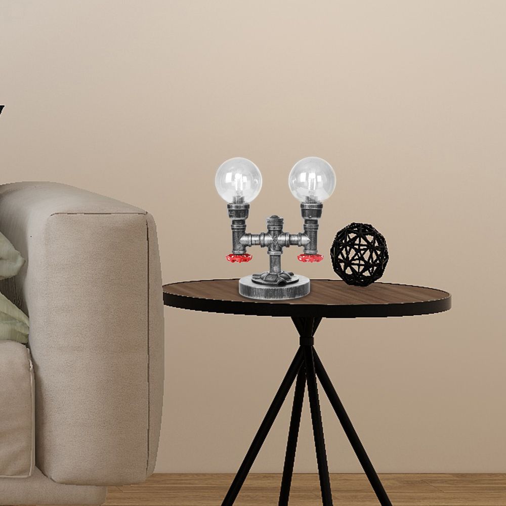 Lámpara de mesa industrial con pantalla redonda, 2 luces, luz de escritorio de vidrio transparente/ámbar en plata antigua con base