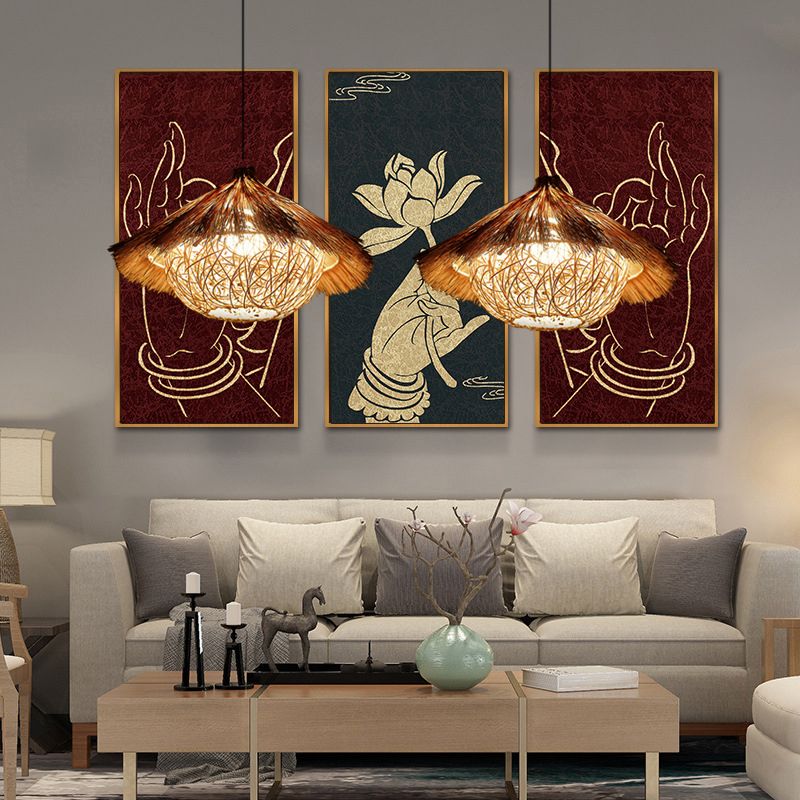 Rattan Shaded Ceiling Light Asian Style 1 Bulb Wood Hanging Lighting Fixture for Restaurant