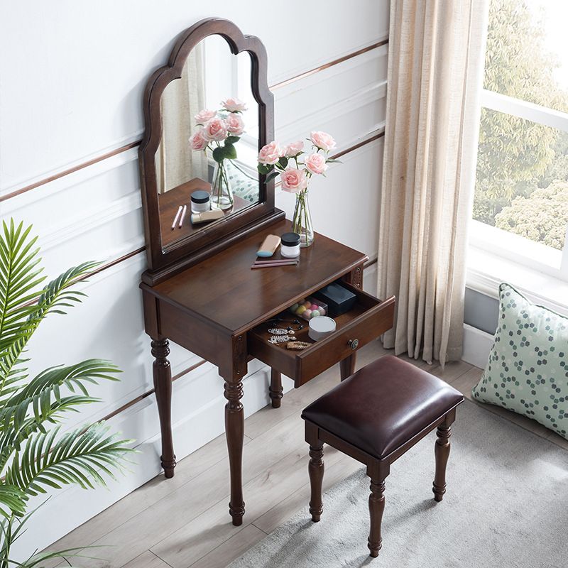 29.5" Height Brown/ White Wood Makeup Vanity with Drawer and Mirror