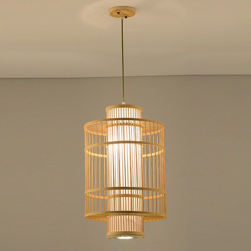 Geometric Shape Guest Room Pendant Light Bamboo Single Asian Hanging Light in Wood