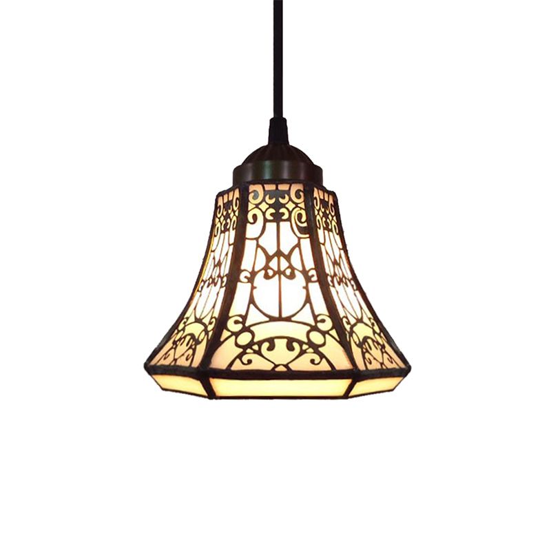 Tiffany Bell Down Mini Pendant 1 Light Beige Stained Glass Ceiling Suspension Lamp for Stair