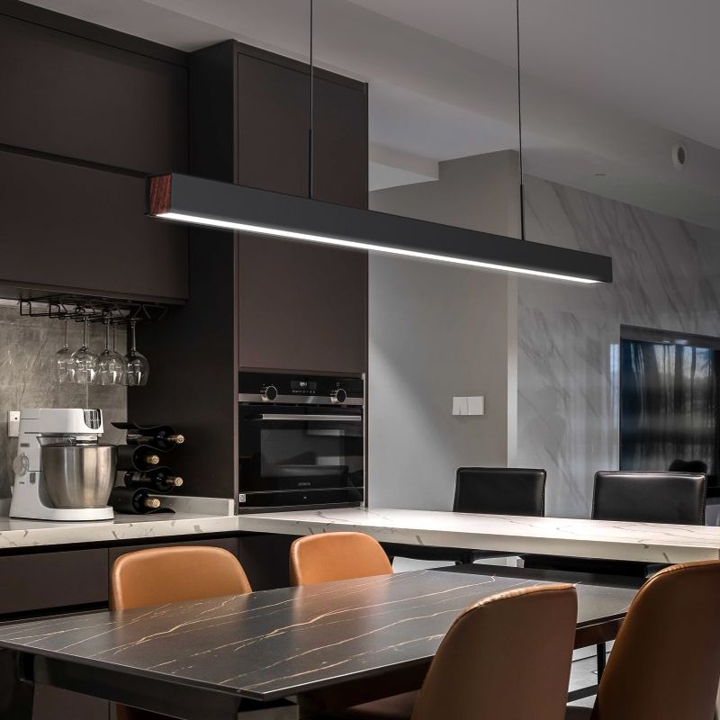 Black Metal Island Lights Modern Linear Restaurant LED Suspension Lamps with Acrylic Shade