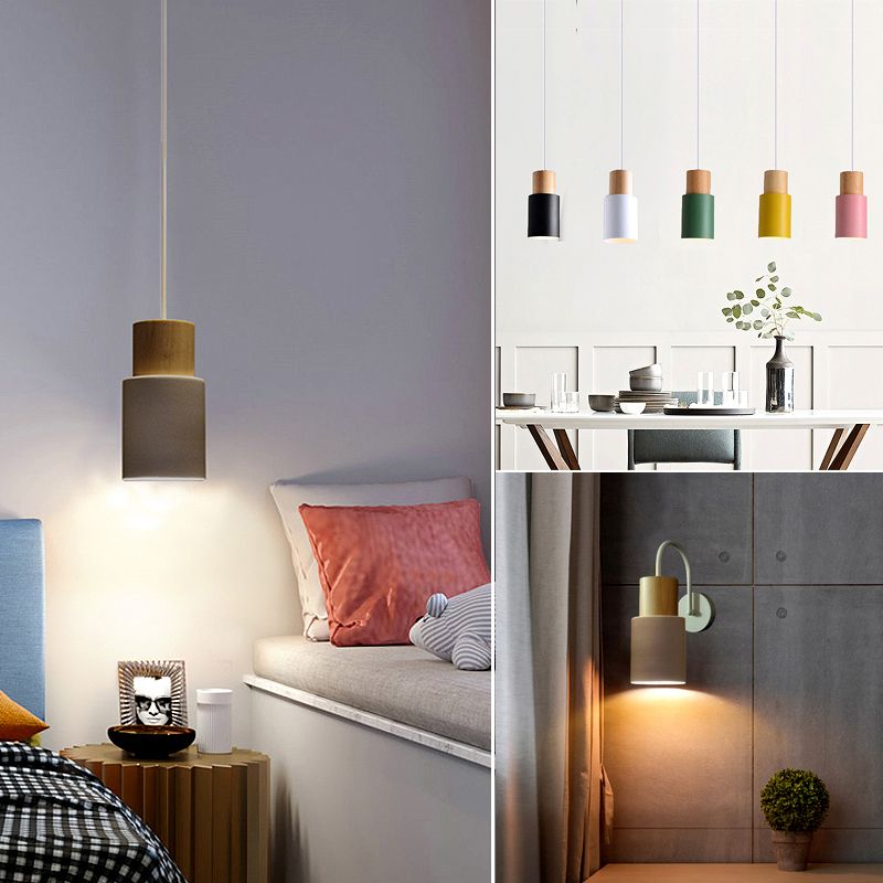 Lámpara colgante de 1 luz de estilo colgante de estilo macarrón con madera para dormitorio