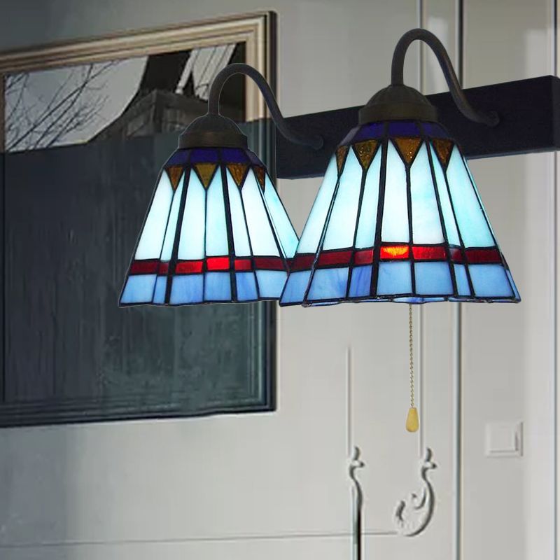 Mediterranean Cone Sconce Light 2 Heads Blue Glass Wall Mount Light with Pull Chain
