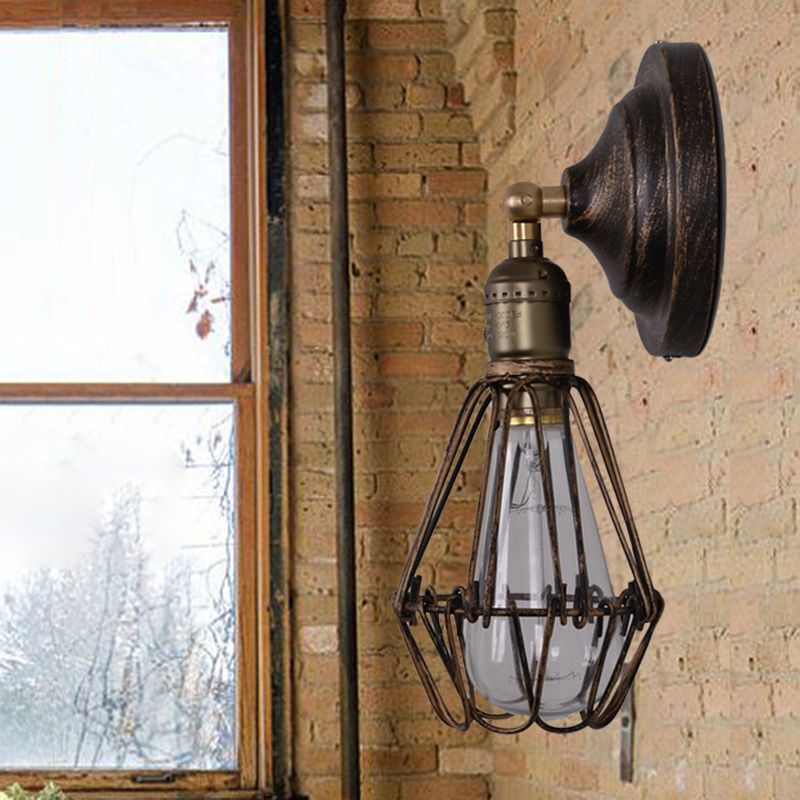1 Light Mini Caged Wall Lamp Rustic Stylish Weathered Brass Iron Wall Sconce Lighting for Dining Room
