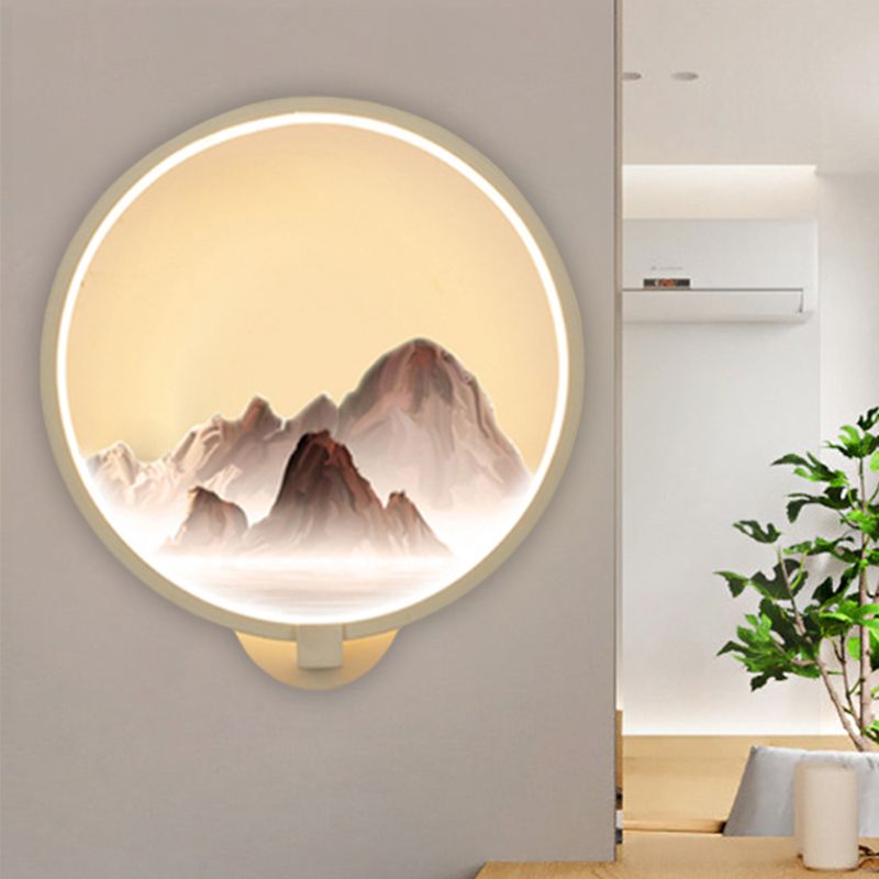 Oriental Style LED Wall Mural Lamp Metal White Circular Shaped Wall Lighting Idea with Mountain Pattern