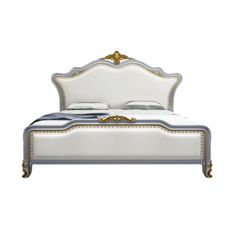 84.65 inch Wide Victorian Bed Pine Wood Bed Frame with Upholstered Headboard