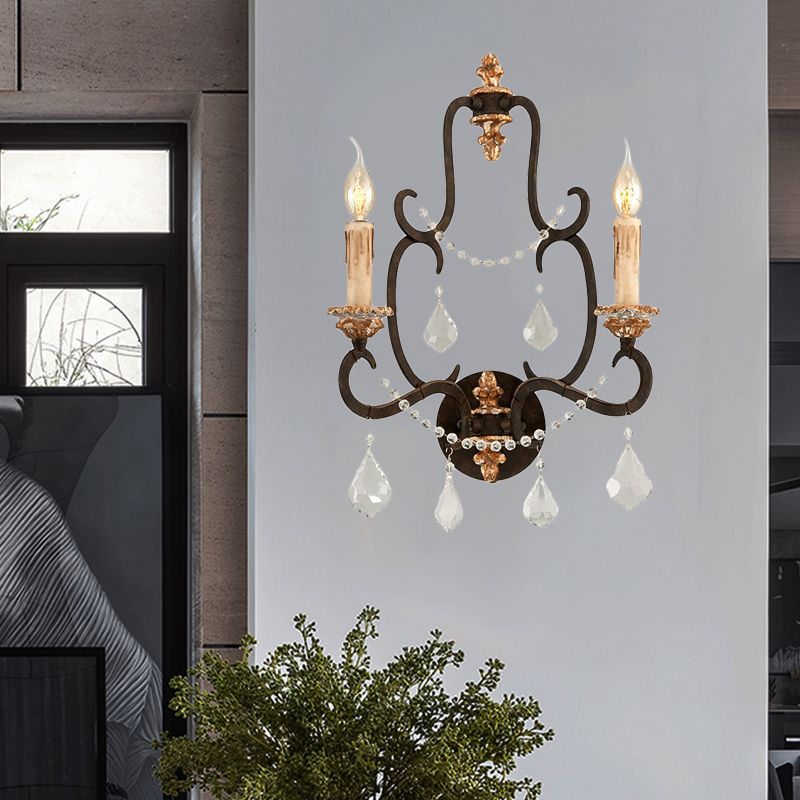 Black 2 Lights Sconce Light Rustic Metal Candle Mur Mury Lighting pour le salon avec décoration en cristal transparent