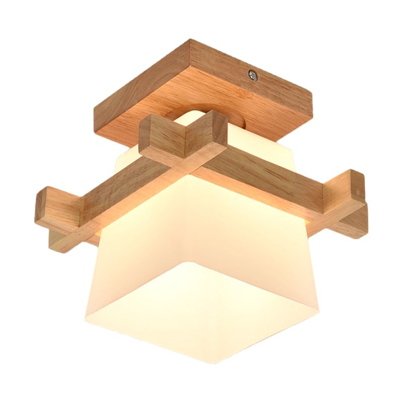 Lámpara colgante trapezoidal de vidrio opalino con decoración de madera, lámpara de techo de estilo japonés de 1 cabezal en blanco para dormitorio