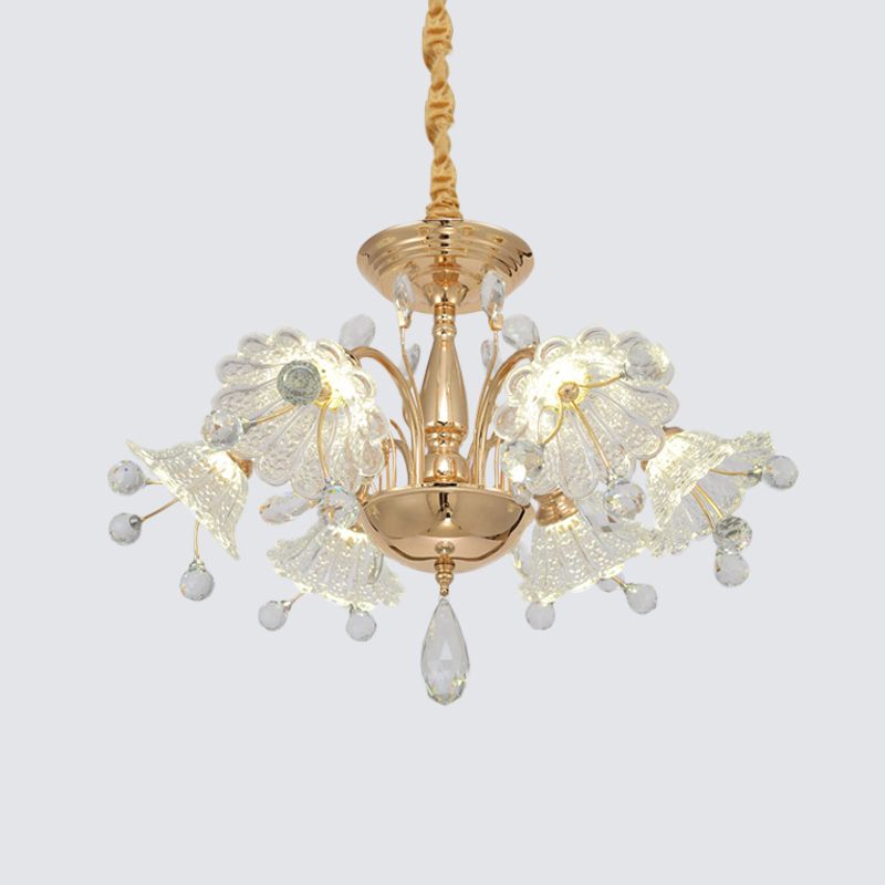 6 Bulbs Curved Arm Chandelier Lamp Contemporary Gold Finish Clear Crystal Flower Shade Suspension Light