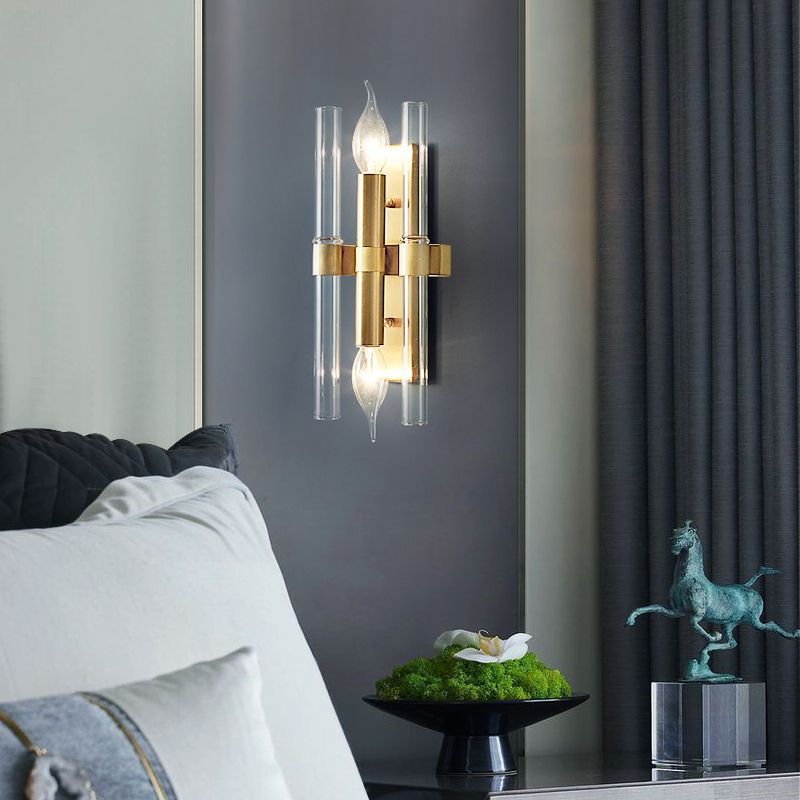 2 Bulbs Candle Wall Sconce Vintage Style Metal Sconce Lighting with Clear Crystal Pipe in Brass Finish