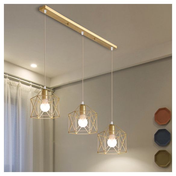 Poliertes Gold Quadrat/Sechseck/Stern Deckenleuchten Retro Stylish Metallic 3 Lampen Esszimmer Hängende Licht mit Drahtrahmen