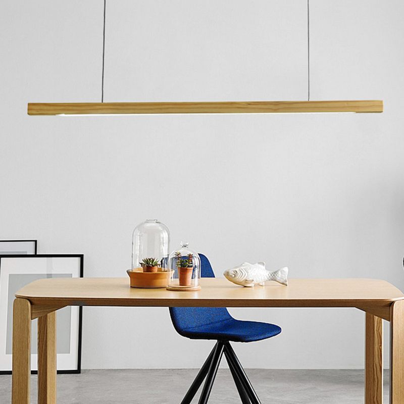 Solid Wood Rod Pendant Lighting Simplicity Beige LED Island Ceiling Light for Diner