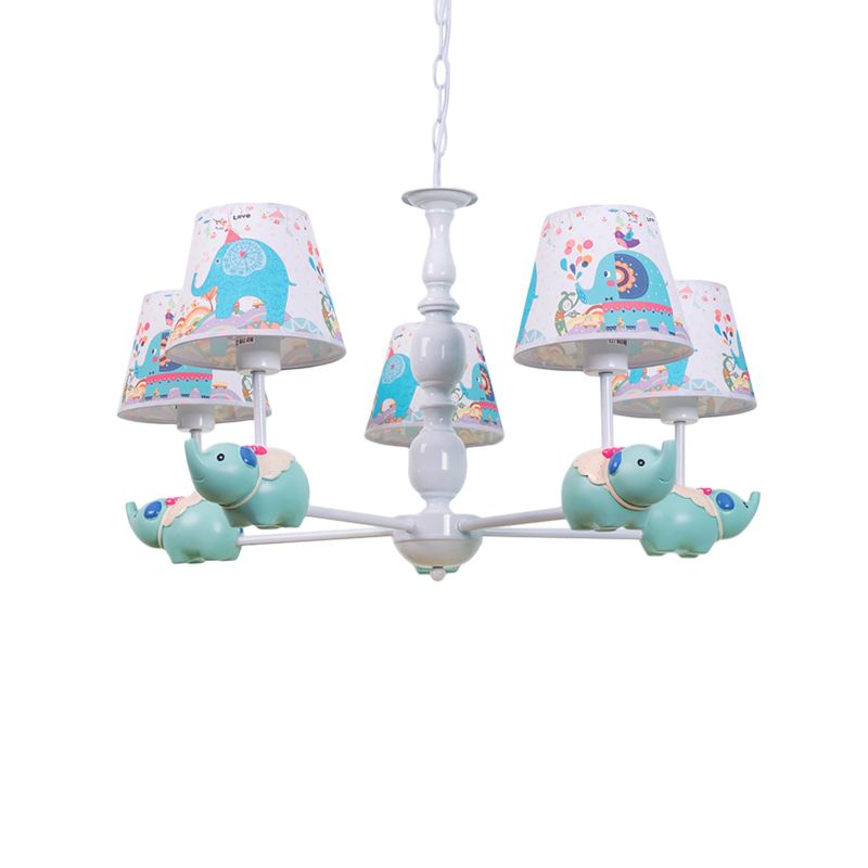 Resin Elephant Hanging Chandelier Cartoon 5/6 Heads Light Blue Ceiling Pendant Light with Barrel Patterned Fabric Shade