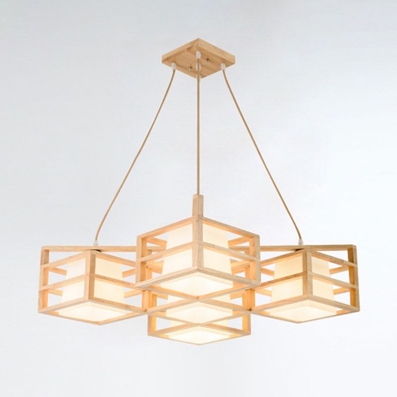 Symmetric Cage Style Hanging Lighting Nordic Wooden 5-Head Beige Multi Pendant Chandelier with Opal Glass Shade