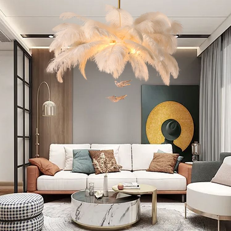 Shaded Ceiling Chandelier Simplistic Feather White Chandelier Light Fixture for Living Room