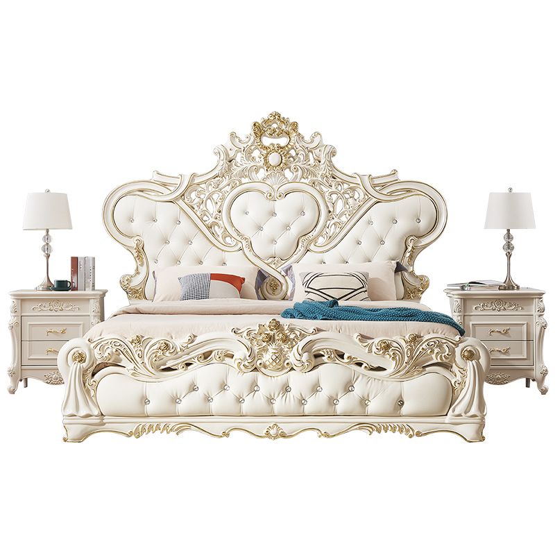 Victorian Standard Bed Upholstered Headboard Tufted Pine Wood Panel Bed