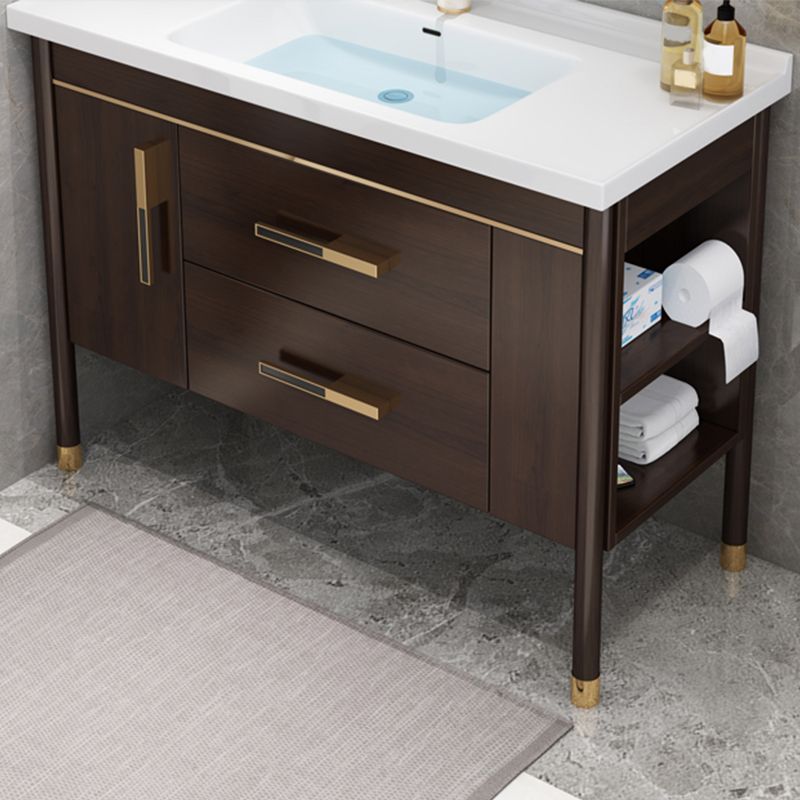Wood Frame Bathroom Vanity Drawers Single Sink Rectangle Freestanding Vanity with Mirror
