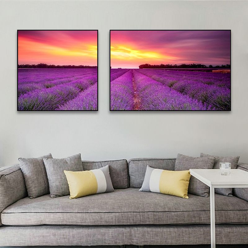 Lavender Field Wall Art Modern Enticing Nature Scenery Canvas Print in Purple for Room