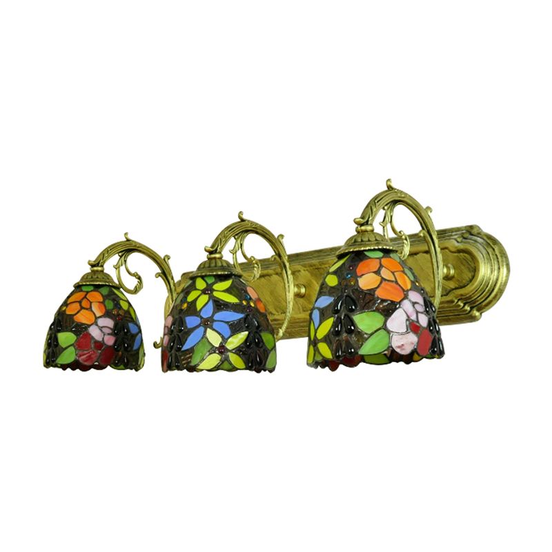 Rustic Dome-Shaped Wall Lighting Stained Glass 3 Lights Colorful Wall Sconce Lighting with Flower Pattern