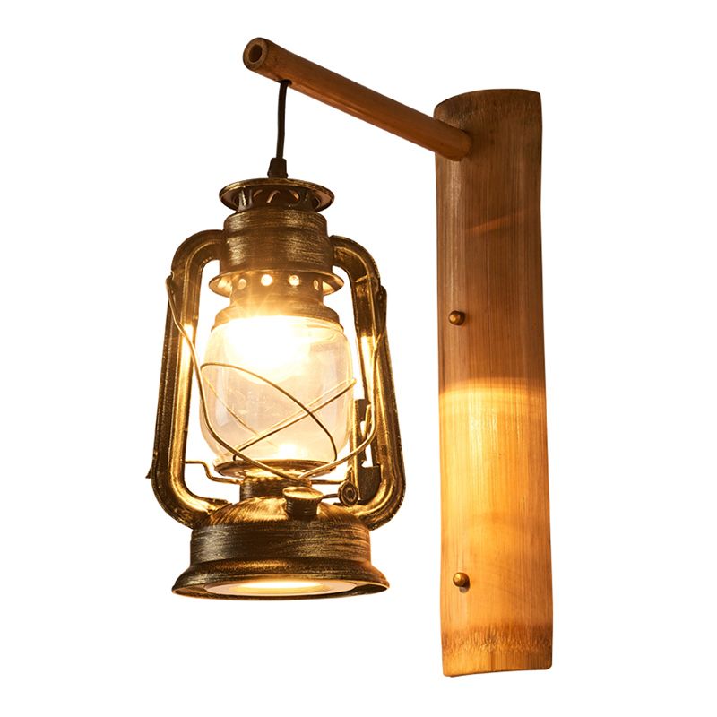 1-Head Wall Light Sconce Coastal Lantern Clear Glass Wall Mount Lighting with Bamboo Backplate