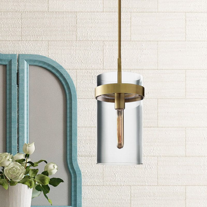 Brass Cylinder Ceiling Pendant Light Postmodern 1 Light Clear Glass Hanging Lamp Kit