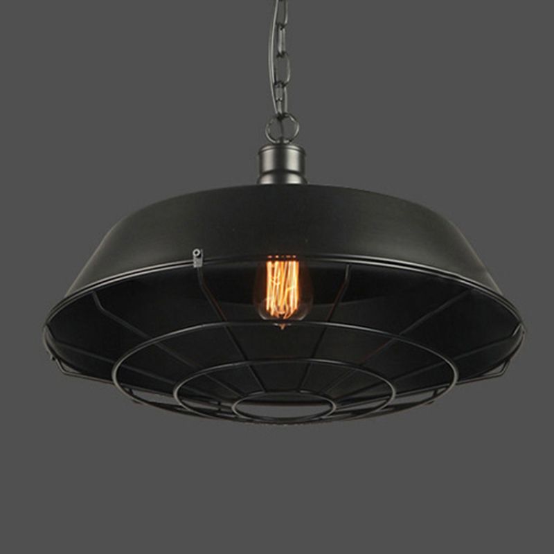 1-Light Wrought Iron Lid Shaped Hanging Light Retro Industry Style Iron Cage Shade Pendant Lamp for Restaurant