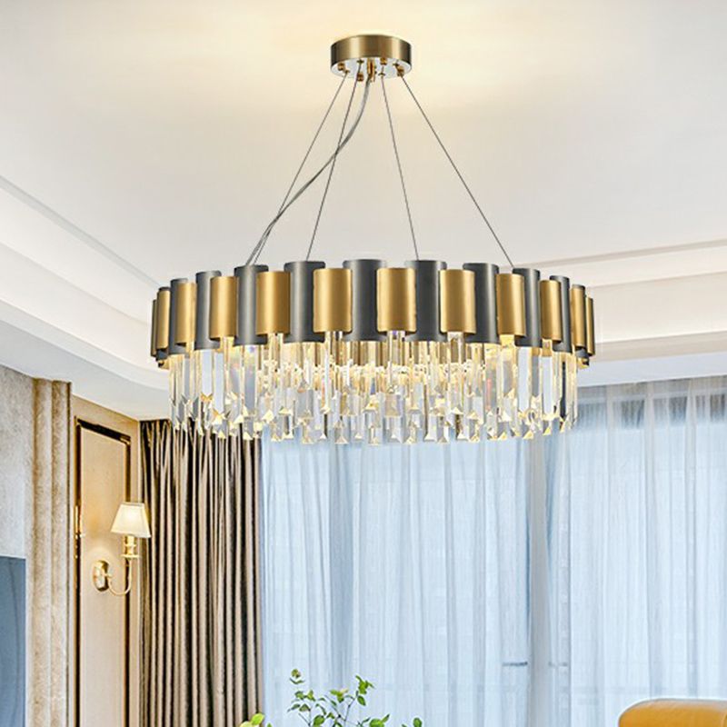 Circular Crystal Prism Hanging Lamp Simplicity Gold and Black Chandelier Pendant Light