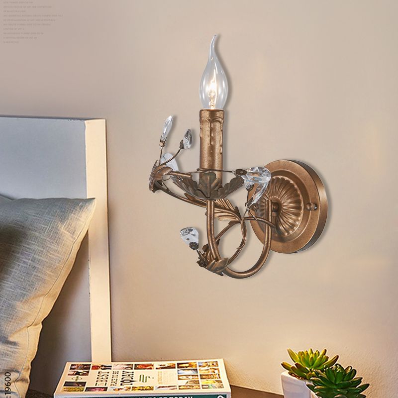 Vintage Candle Wall Sconce Light 1 Light Brass Metal Wall Mount Light with Crystal Accent
