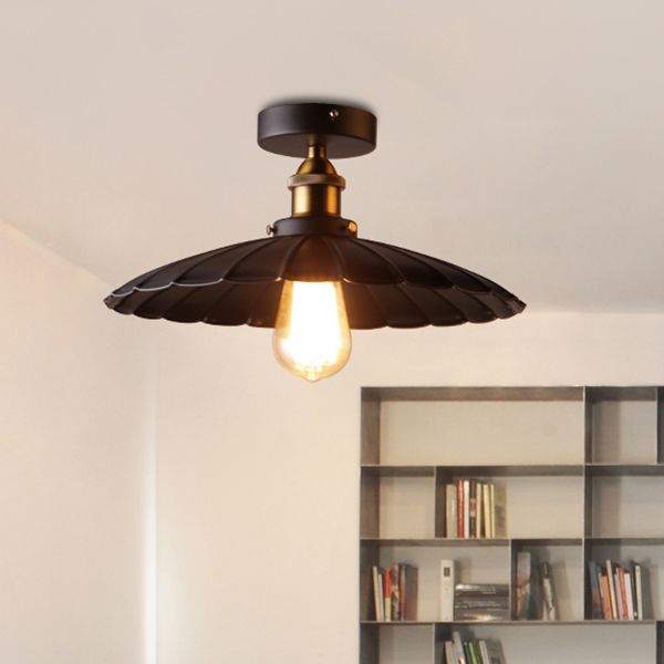 1 Light Round Shade Semi Flush Mount Light Industrial Iron Ceiling Lamp