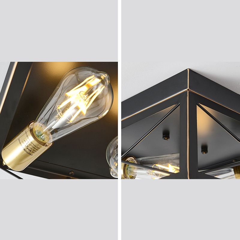 2-Lights Industrial Style Ceiling Light Rectangle Iron Cage Design Retro Flush Mount Lamp in Black