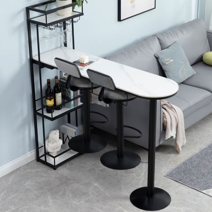 Glam White Stone Bistro Table Indoor Iron Double Pedestal Bar Dining Table with Wine Rack