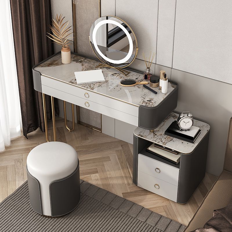 Glam Wooden Make-up Vanity 4 Drawer Slate Top Dressing Table Stool Set