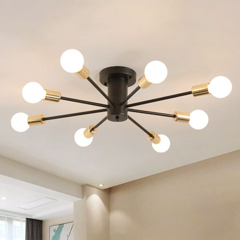 6/8 Heads Bare Bulb Semi Flush Mount Light Vintage Style Black/White Metallic Ceiling Light Fixture for Kitchen
