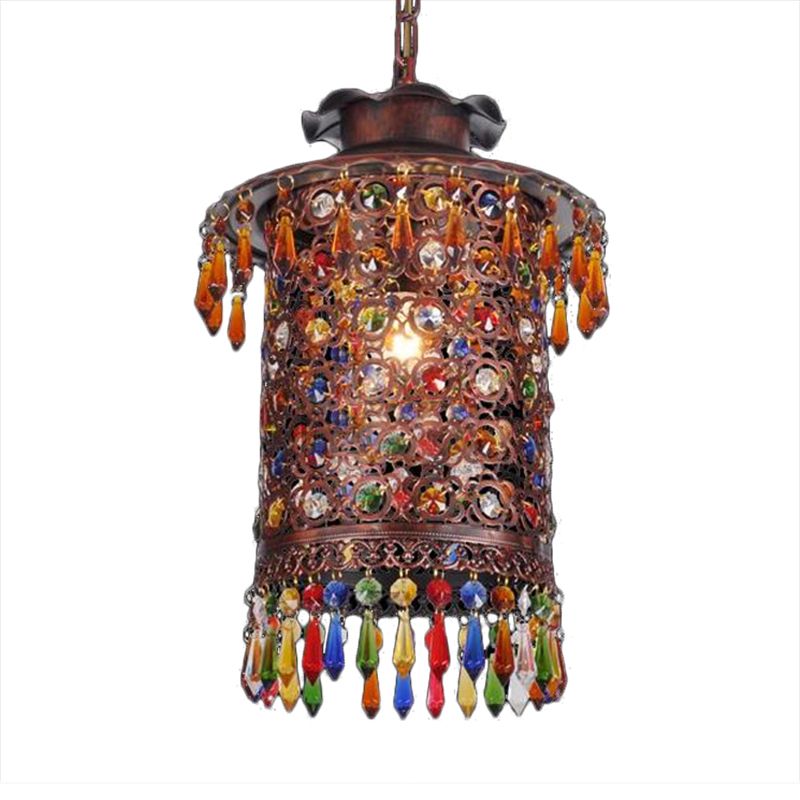 Bohemian Cylinder Drop Pendant 1 Bulb Metal Hanging Ceiling Light in Copper for Balcony