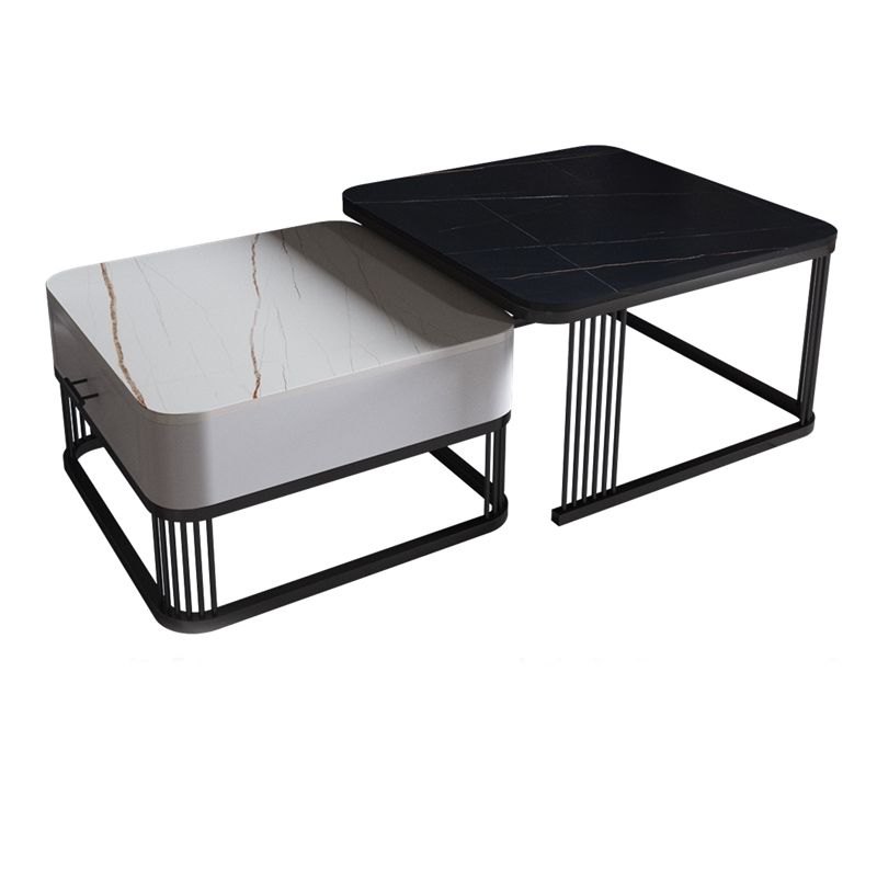 Square Black Stone Coffee Table Frame 2 Nestling Cocktail Table with Storage
