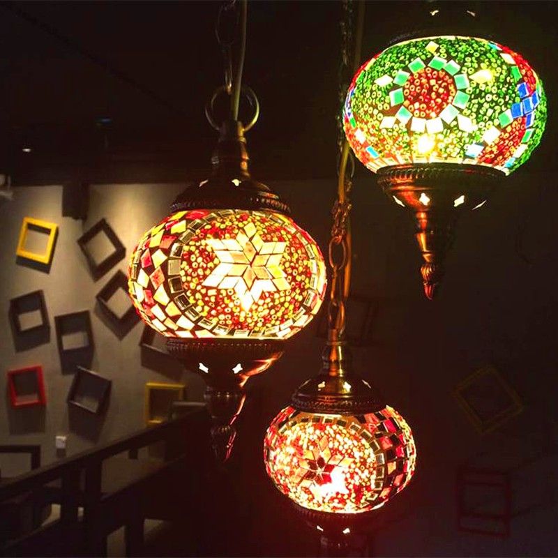 Stained Glass Oblate Pendant Light Vintage 1 Head Restaurant Suspension Light Fixture