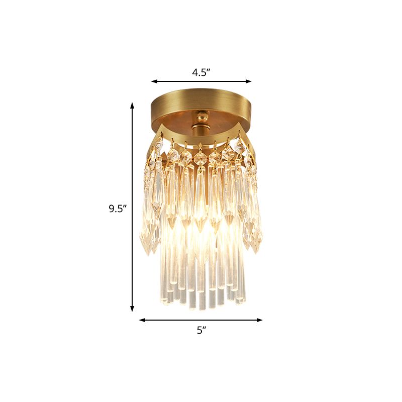 Brass Cylinder Ceiling Light Modern 1 Light Crystal Semi Flush Mount Light for Corridor
